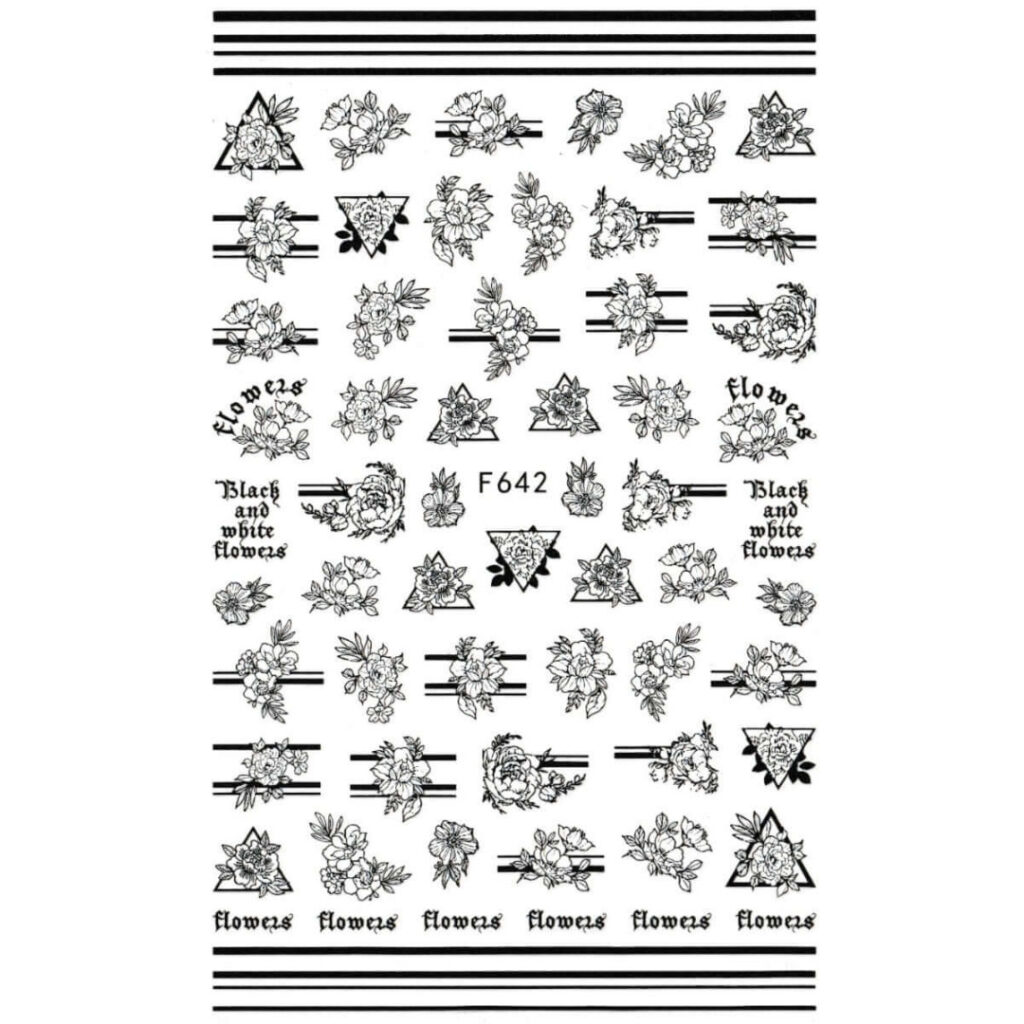Nail Sticker-F642-Black And White Flowers